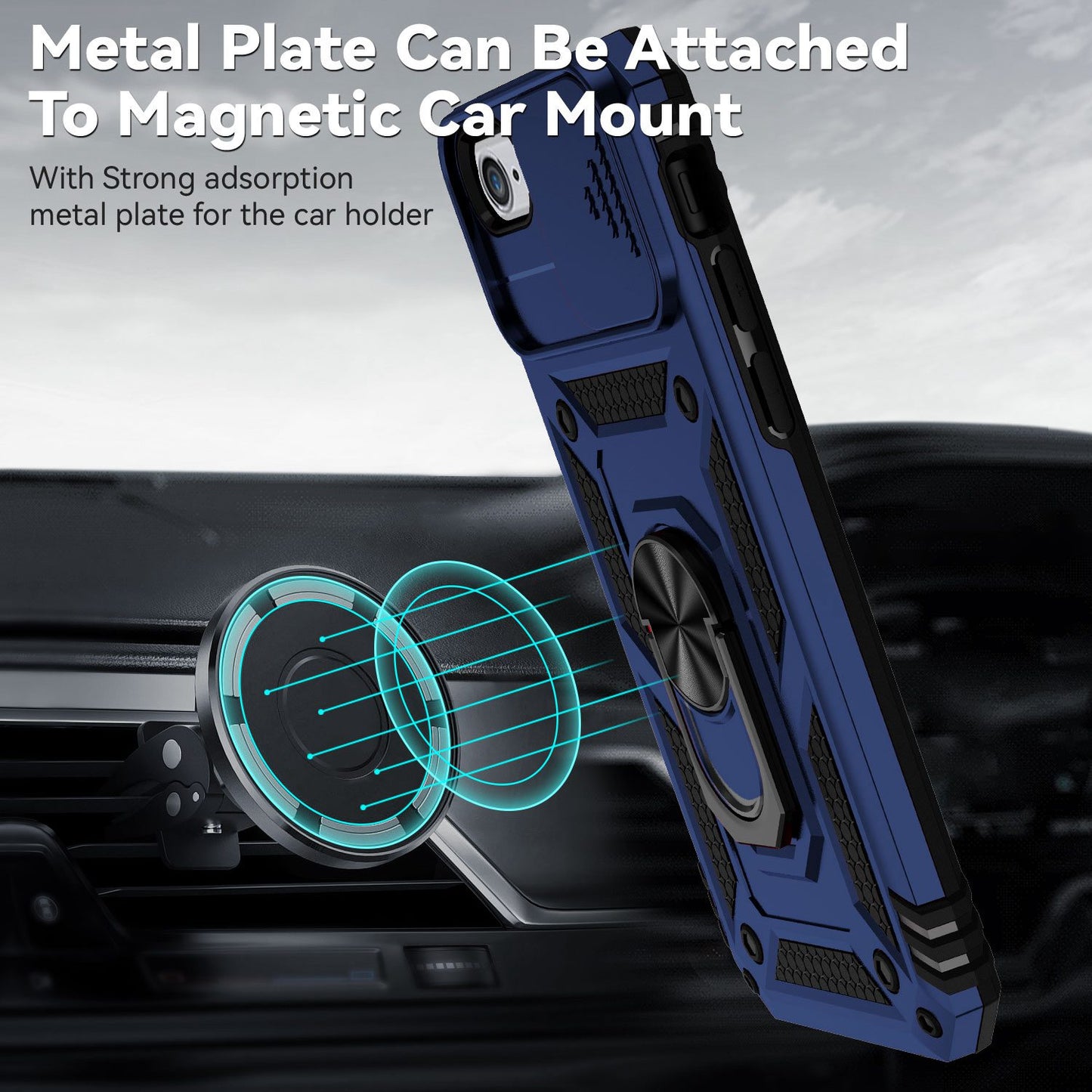 For iPhone SE (2022)/SE (2020)/8/7 4.7 inch Dustproof Phone Case Ring Kickstand Hybrid PC TPU Phone Shell with Slide Camera Protection Cover