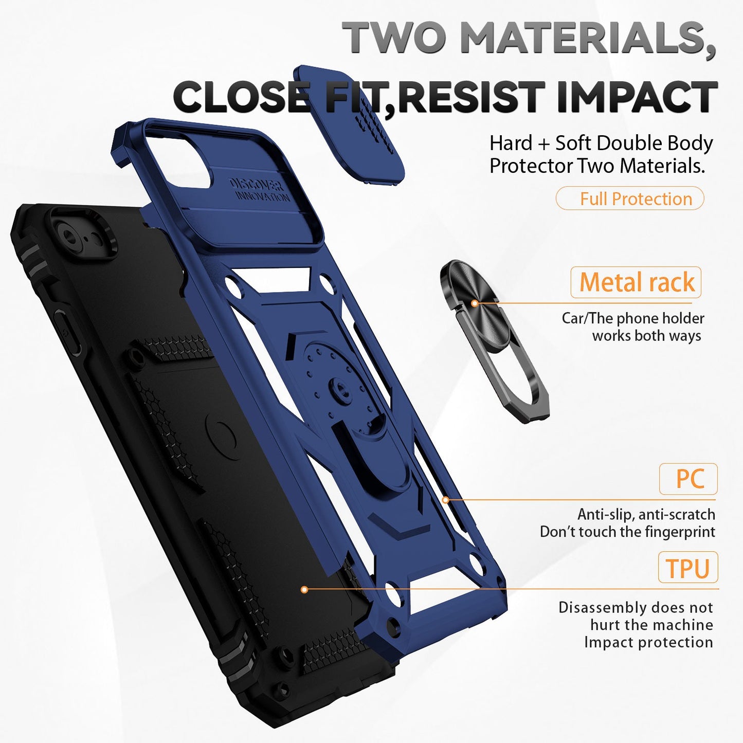 For iPhone SE (2022)/SE (2020)/8/7 4.7 inch Dustproof Phone Case Ring Kickstand Hybrid PC TPU Phone Shell with Slide Camera Protection Cover