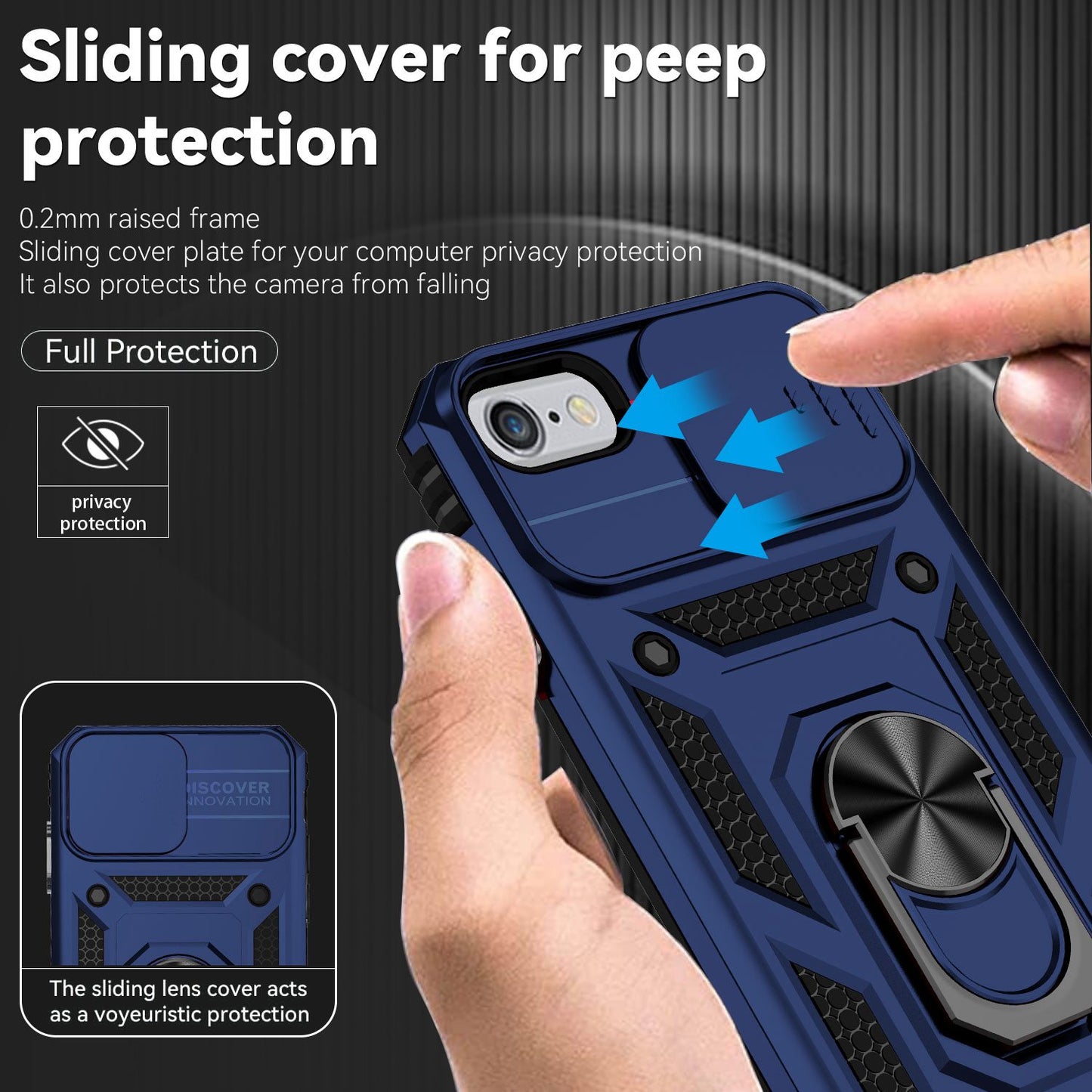 For iPhone SE (2022)/SE (2020)/8/7 4.7 inch Dustproof Phone Case Ring Kickstand Hybrid PC TPU Phone Shell with Slide Camera Protection Cover
