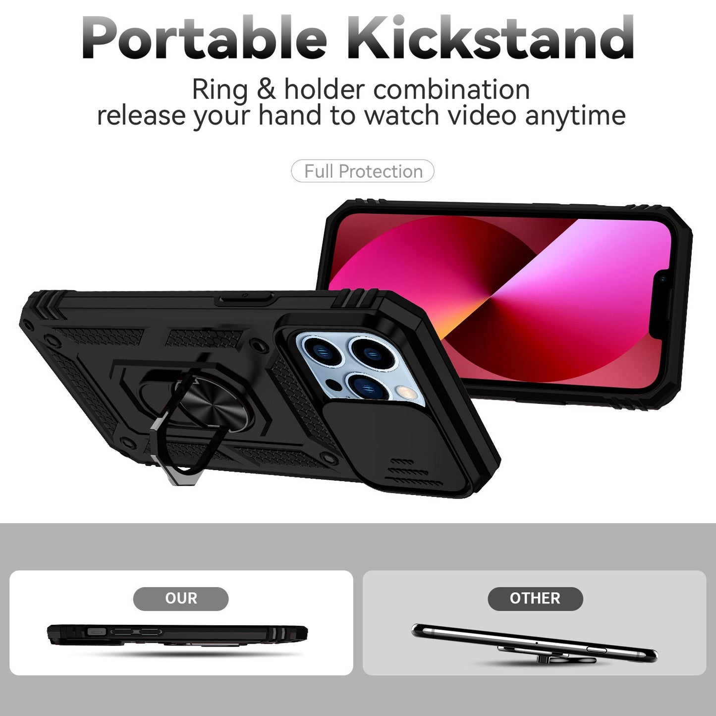 For iPhone 13 Pro 6.1 inch Slide Camera Protection Cover Lightweight Phone Case Ring Kickstand Hybrid PC + TPU Phone Shell