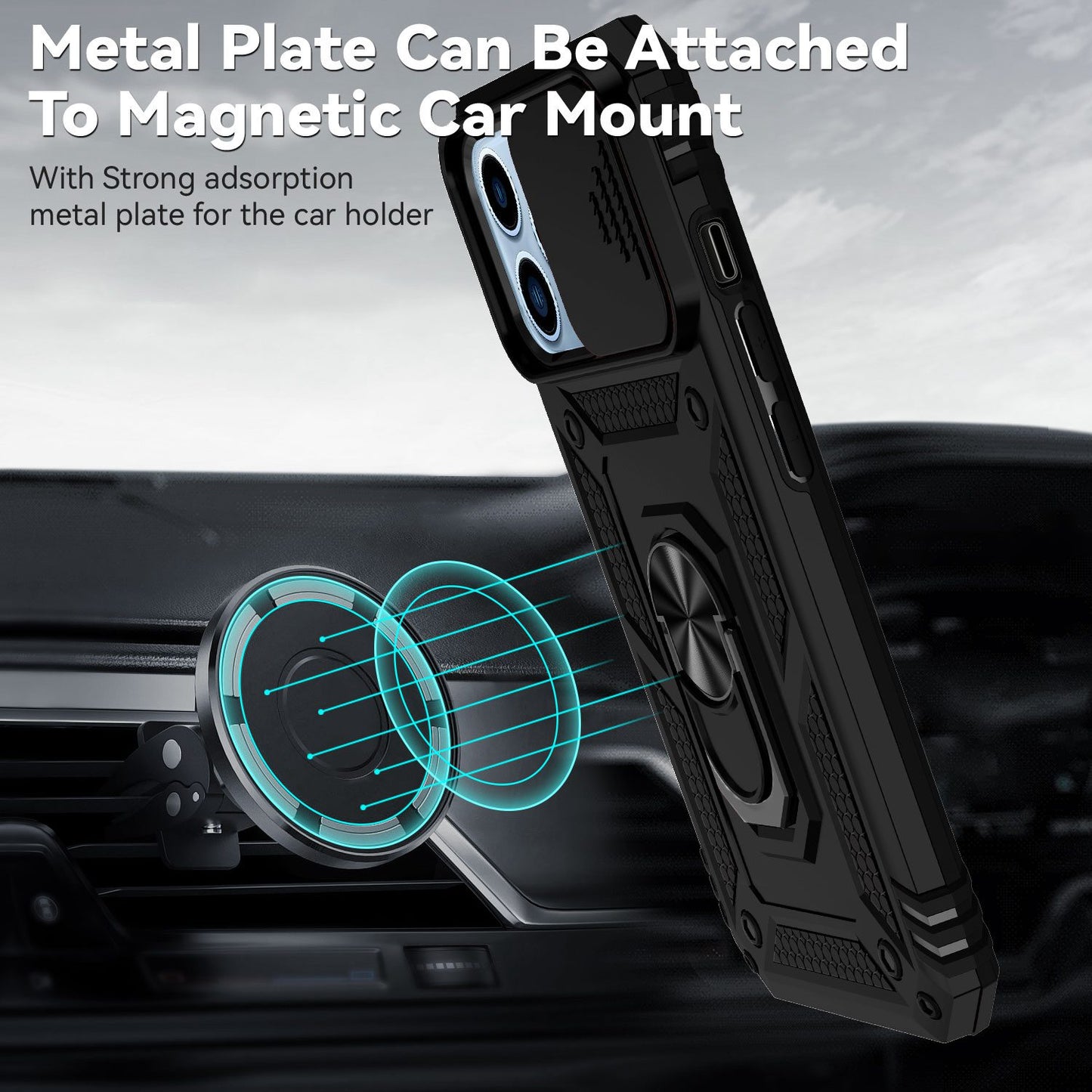 For iPhone 13 Pro 6.1 inch Slide Camera Protection Cover Lightweight Phone Case Ring Kickstand Hybrid PC + TPU Phone Shell
