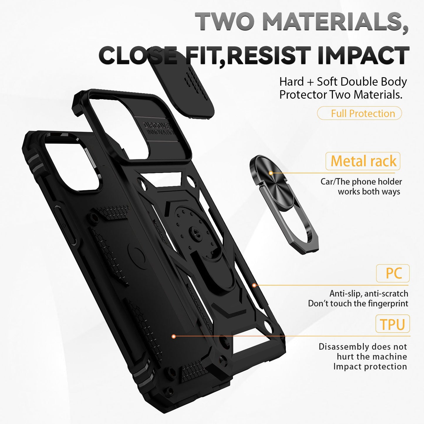 For iPhone 13 Pro 6.1 inch Slide Camera Protection Cover Lightweight Phone Case Ring Kickstand Hybrid PC + TPU Phone Shell