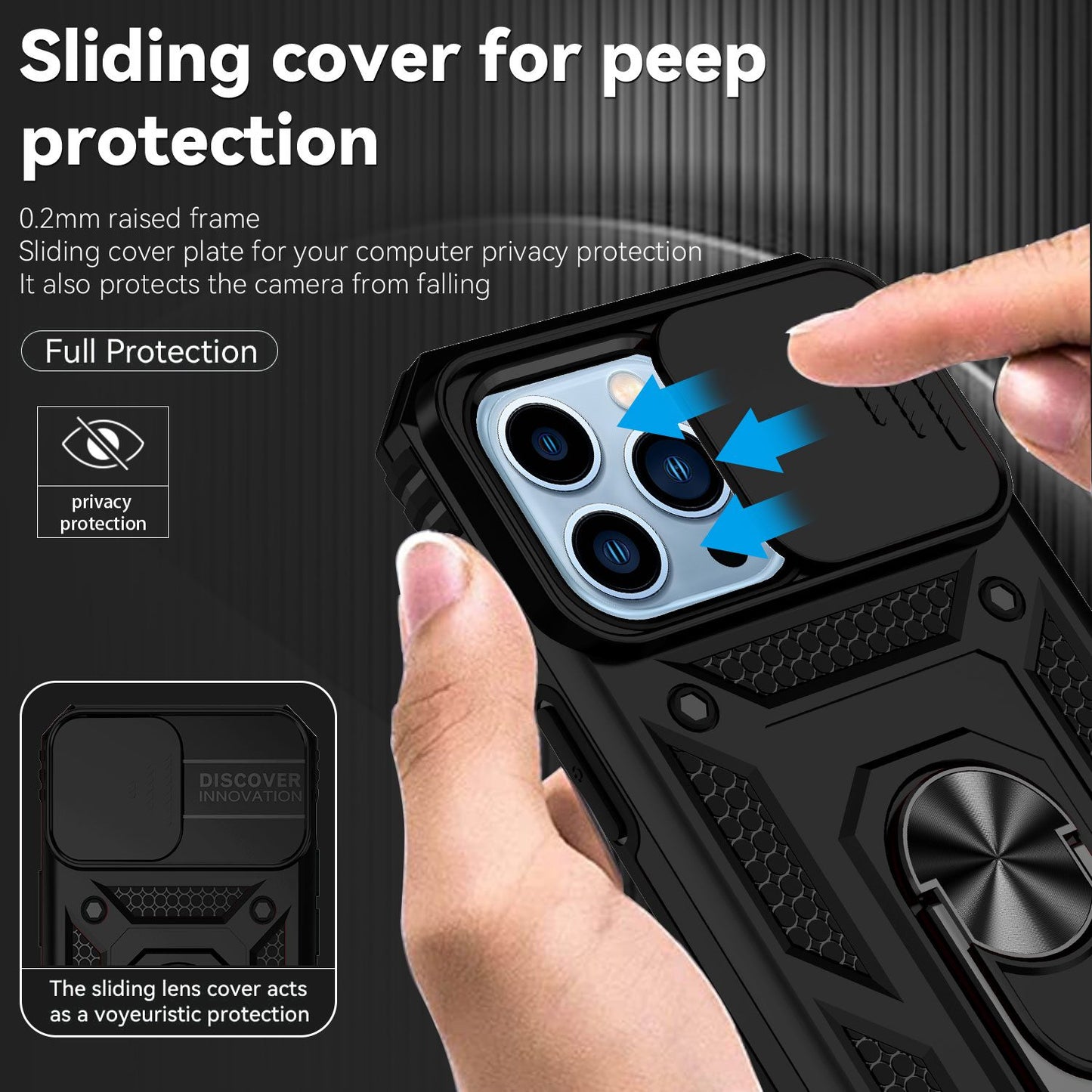 For iPhone 13 Pro 6.1 inch Slide Camera Protection Cover Lightweight Phone Case Ring Kickstand Hybrid PC + TPU Phone Shell