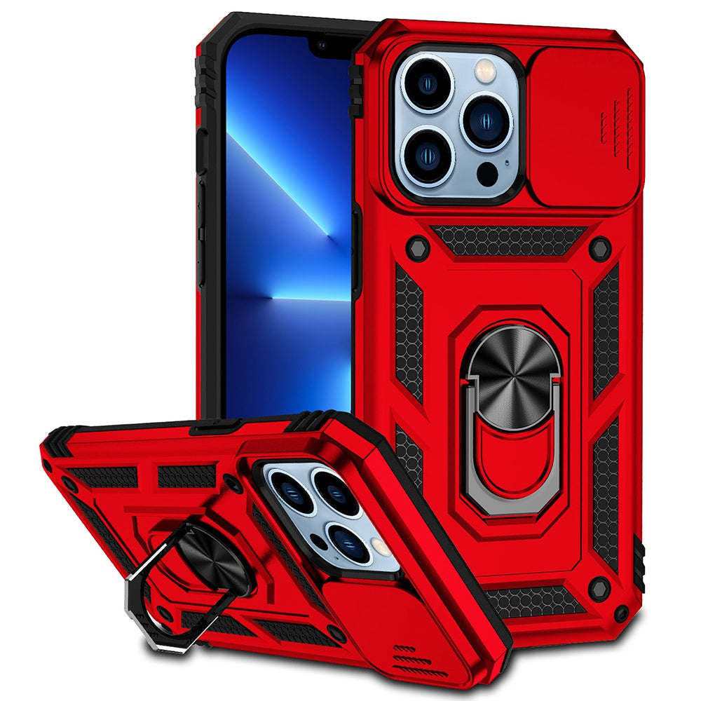 For iPhone 13 Pro 6.1 inch Slide Camera Protection Cover Lightweight Phone Case Ring Kickstand Hybrid PC + TPU Phone Shell