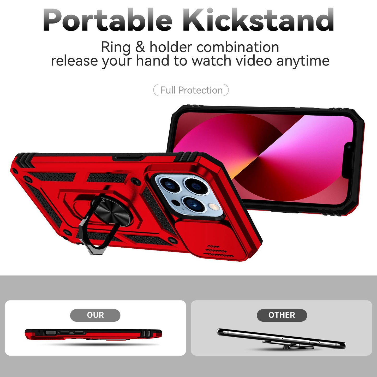 For iPhone 13 Pro 6.1 inch Slide Camera Protection Cover Lightweight Phone Case Ring Kickstand Hybrid PC + TPU Phone Shell