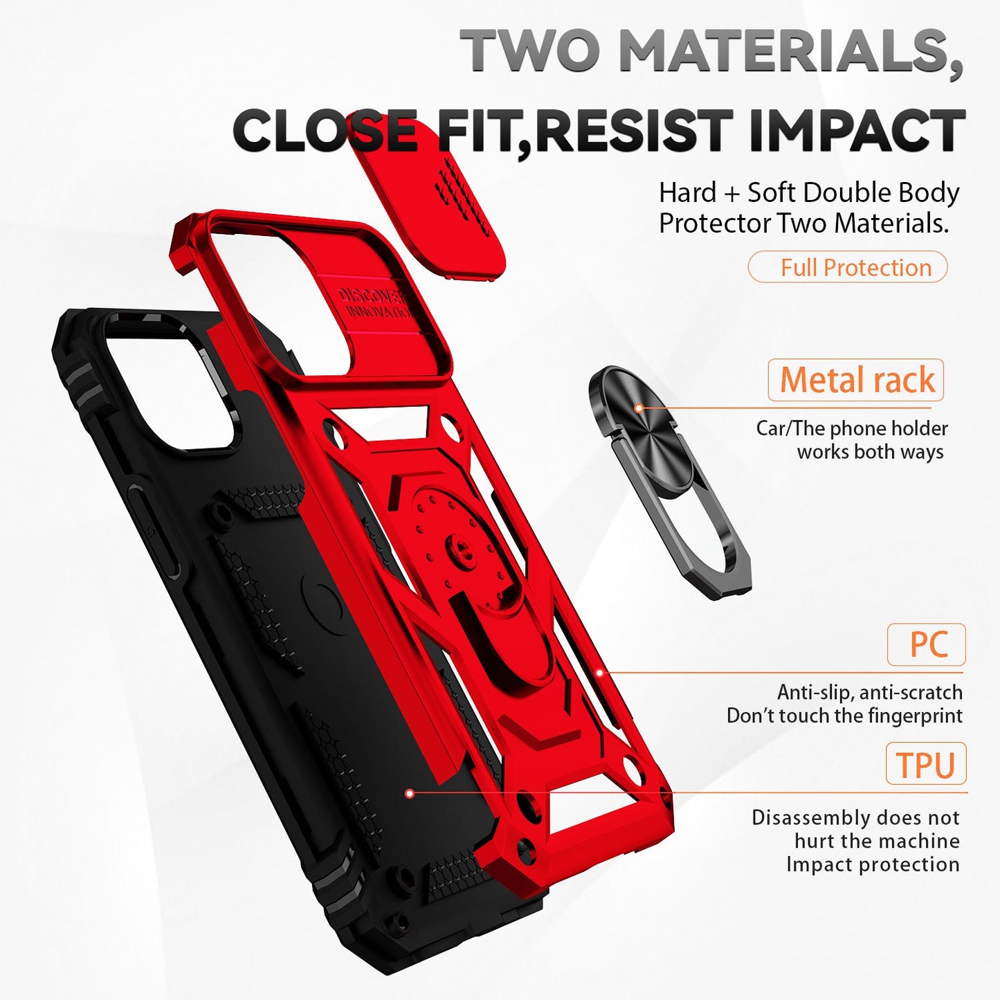 For iPhone 13 Pro 6.1 inch Slide Camera Protection Cover Lightweight Phone Case Ring Kickstand Hybrid PC + TPU Phone Shell