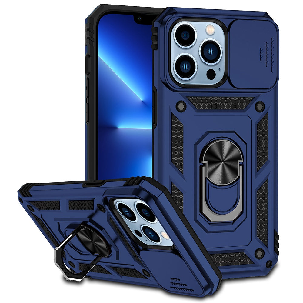 For iPhone 13 Pro 6.1 inch Slide Camera Protection Cover Lightweight Phone Case Ring Kickstand Hybrid PC + TPU Phone Shell