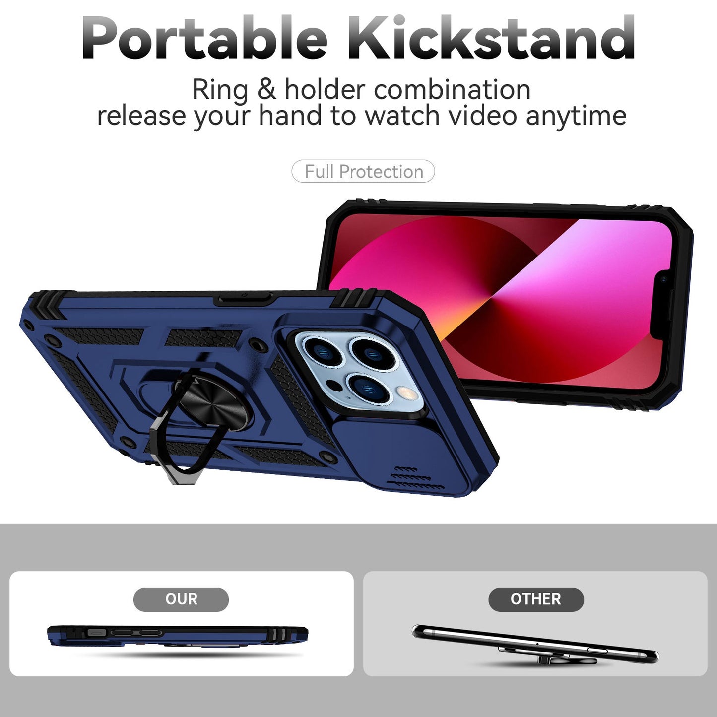 For iPhone 13 Pro 6.1 inch Slide Camera Protection Cover Lightweight Phone Case Ring Kickstand Hybrid PC + TPU Phone Shell