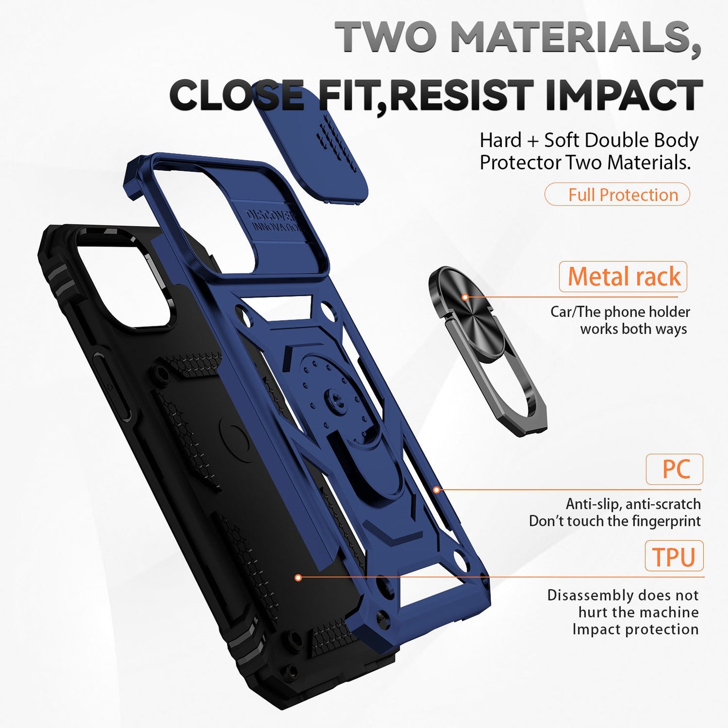 For iPhone 13 Pro 6.1 inch Slide Camera Protection Cover Lightweight Phone Case Ring Kickstand Hybrid PC + TPU Phone Shell