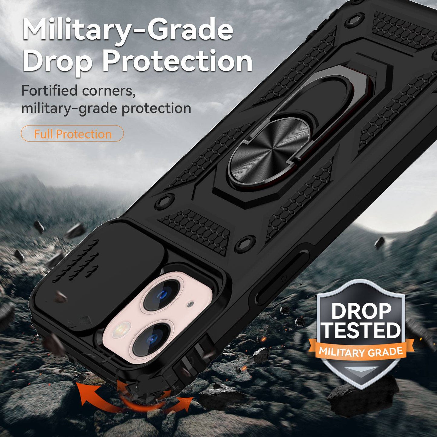 For iPhone 13 mini 5.4 inch Mobile Phone Cover Slide Camera Protection Ring Kickstand Hybrid PC + TPU Phone Case