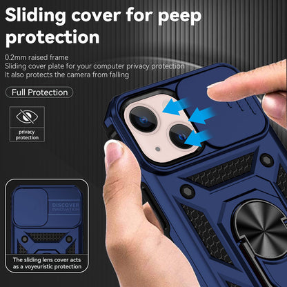 For iPhone 13 mini 5.4 inch Mobile Phone Cover Slide Camera Protection Ring Kickstand Hybrid PC + TPU Phone Case