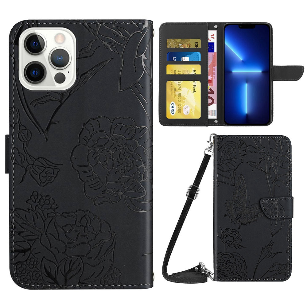 For iPhone 13 Pro 6.1 inch PU Leather Butterflies Flower Imprinted Stand Wallet Phone Cover with Shoulder Strap
