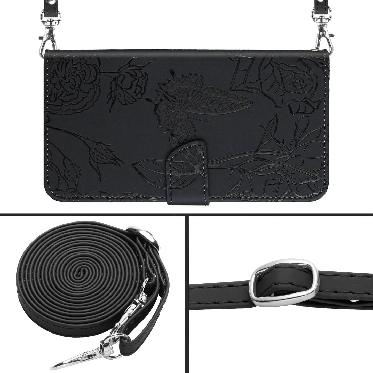 For iPhone 13 Pro 6.1 inch PU Leather Butterflies Flower Imprinted Stand Wallet Phone Cover with Shoulder Strap