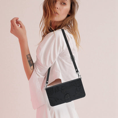 For iPhone 13 Pro 6.1 inch PU Leather Butterflies Flower Imprinted Stand Wallet Phone Cover with Shoulder Strap