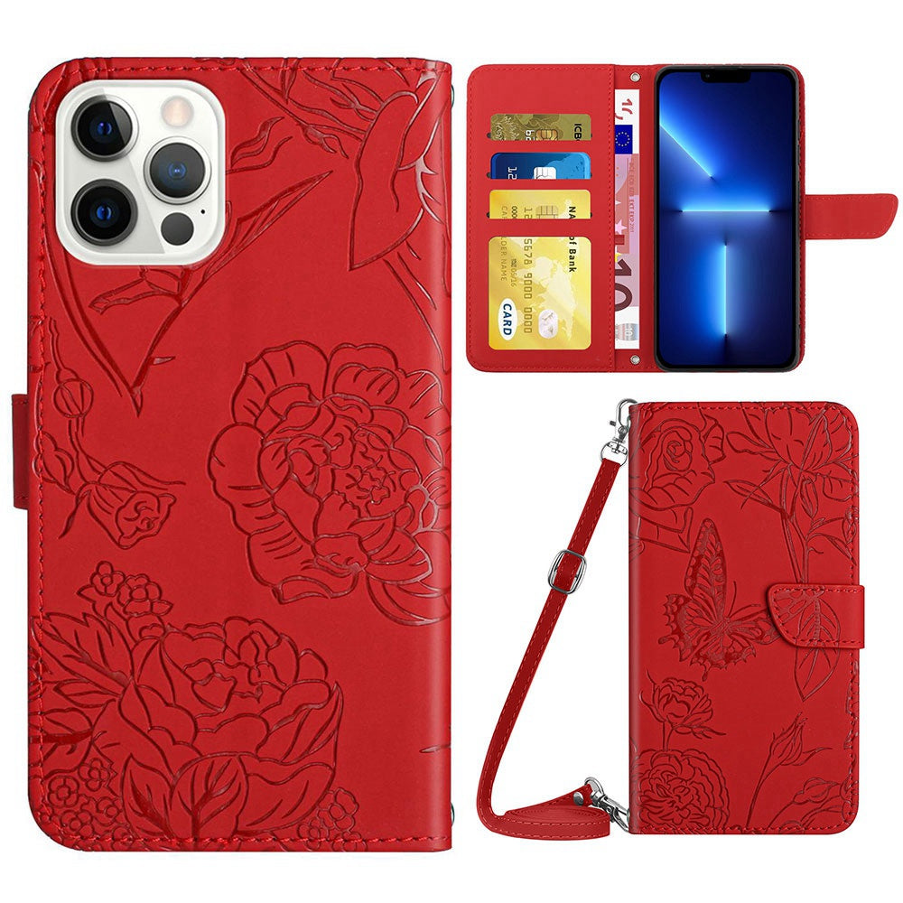For iPhone 13 Pro 6.1 inch PU Leather Butterflies Flower Imprinted Stand Wallet Phone Cover with Shoulder Strap