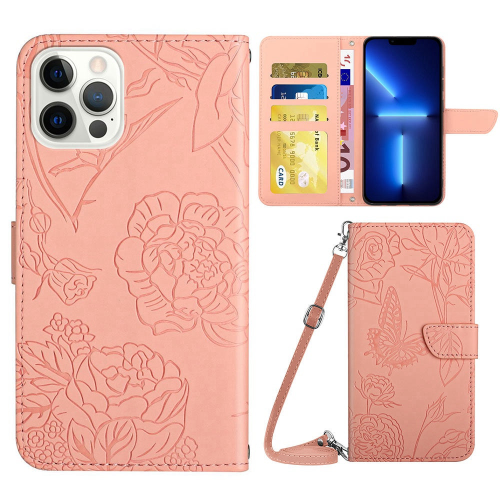 For iPhone 13 Pro 6.1 inch PU Leather Butterflies Flower Imprinted Stand Wallet Phone Cover with Shoulder Strap