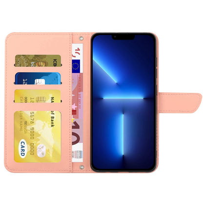 For iPhone 13 Pro 6.1 inch PU Leather Butterflies Flower Imprinted Stand Wallet Phone Cover with Shoulder Strap