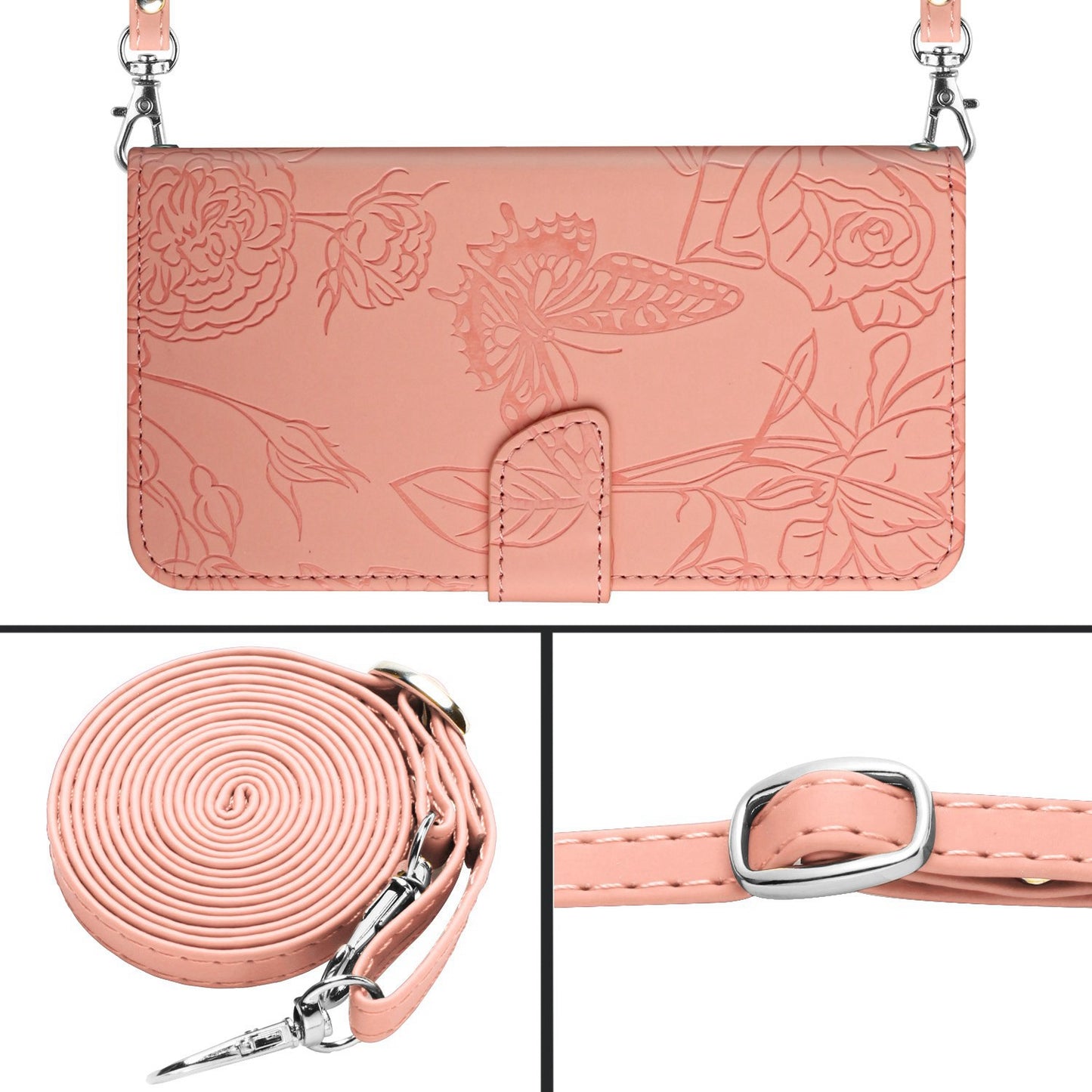 For iPhone 13 Pro 6.1 inch PU Leather Butterflies Flower Imprinted Stand Wallet Phone Cover with Shoulder Strap