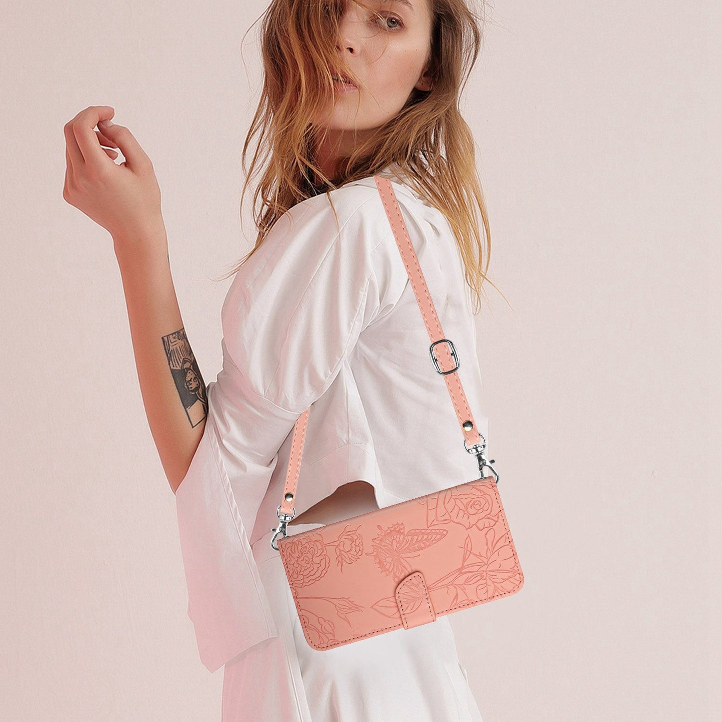 For iPhone 13 Pro 6.1 inch PU Leather Butterflies Flower Imprinted Stand Wallet Phone Cover with Shoulder Strap