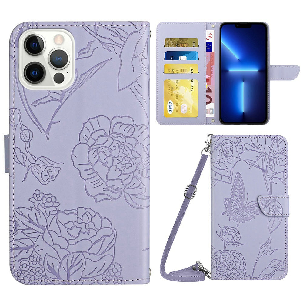 For iPhone 13 Pro 6.1 inch PU Leather Butterflies Flower Imprinted Stand Wallet Phone Cover with Shoulder Strap