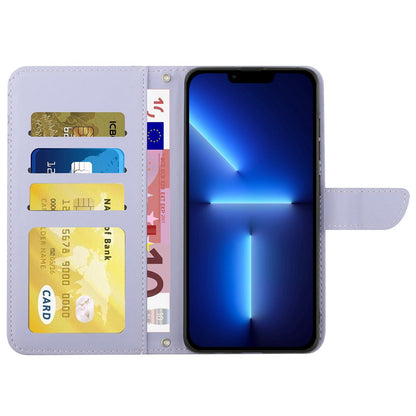 For iPhone 13 Pro 6.1 inch PU Leather Butterflies Flower Imprinted Stand Wallet Phone Cover with Shoulder Strap