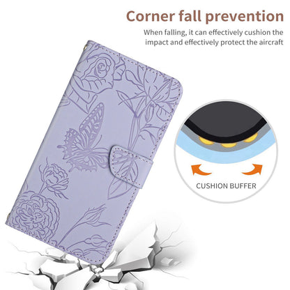 For iPhone 13 Pro 6.1 inch PU Leather Butterflies Flower Imprinted Stand Wallet Phone Cover with Shoulder Strap