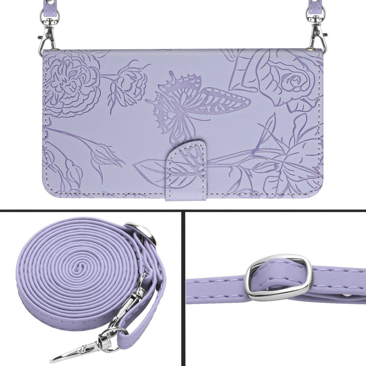 For iPhone 13 Pro 6.1 inch PU Leather Butterflies Flower Imprinted Stand Wallet Phone Cover with Shoulder Strap