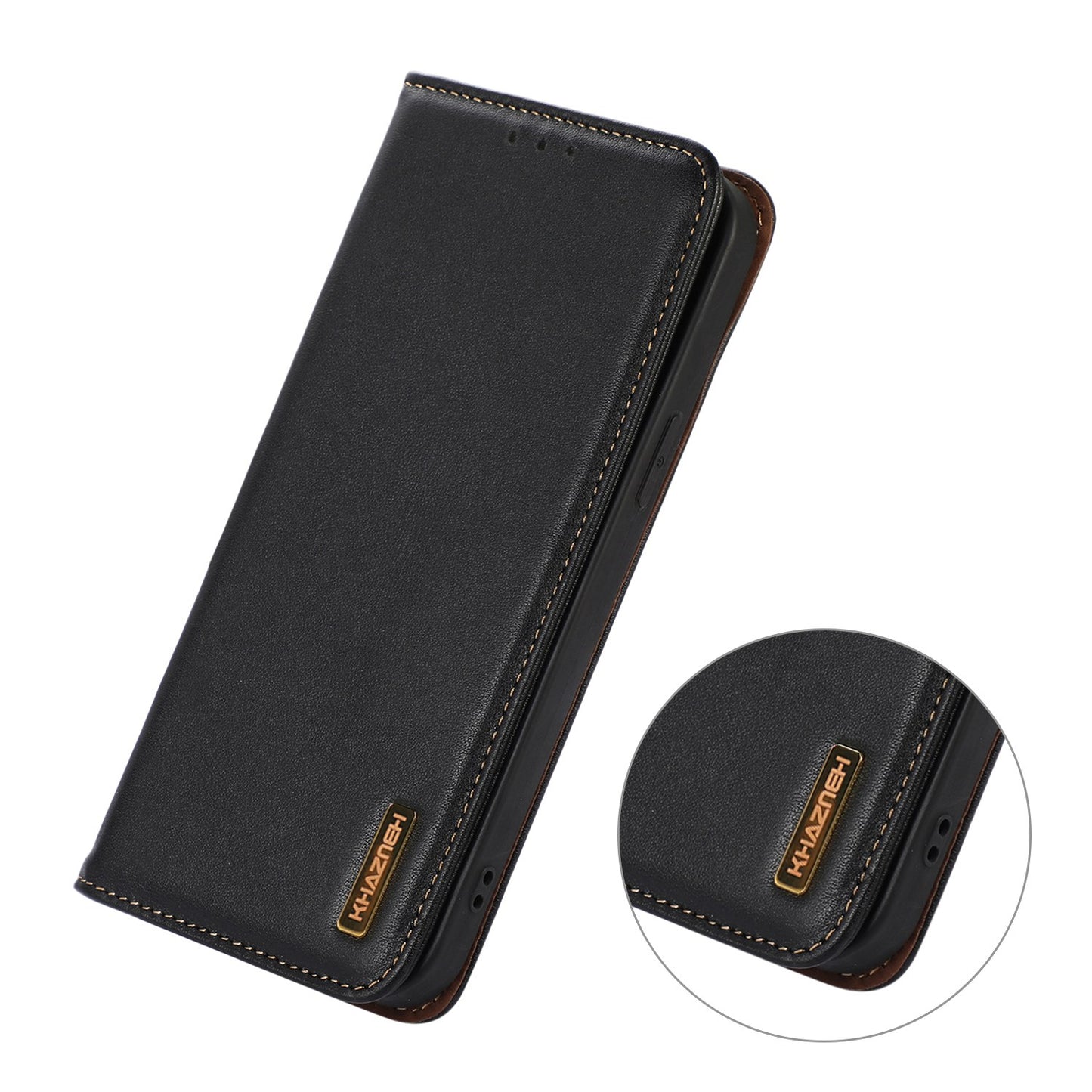 KHAZNEH for iPhone 13 Pro 6.1 inch Magnetic Suction Genuine Cowhide Leather Wallet Case Nappa Texture Flip Folio Stand View Phone Cover