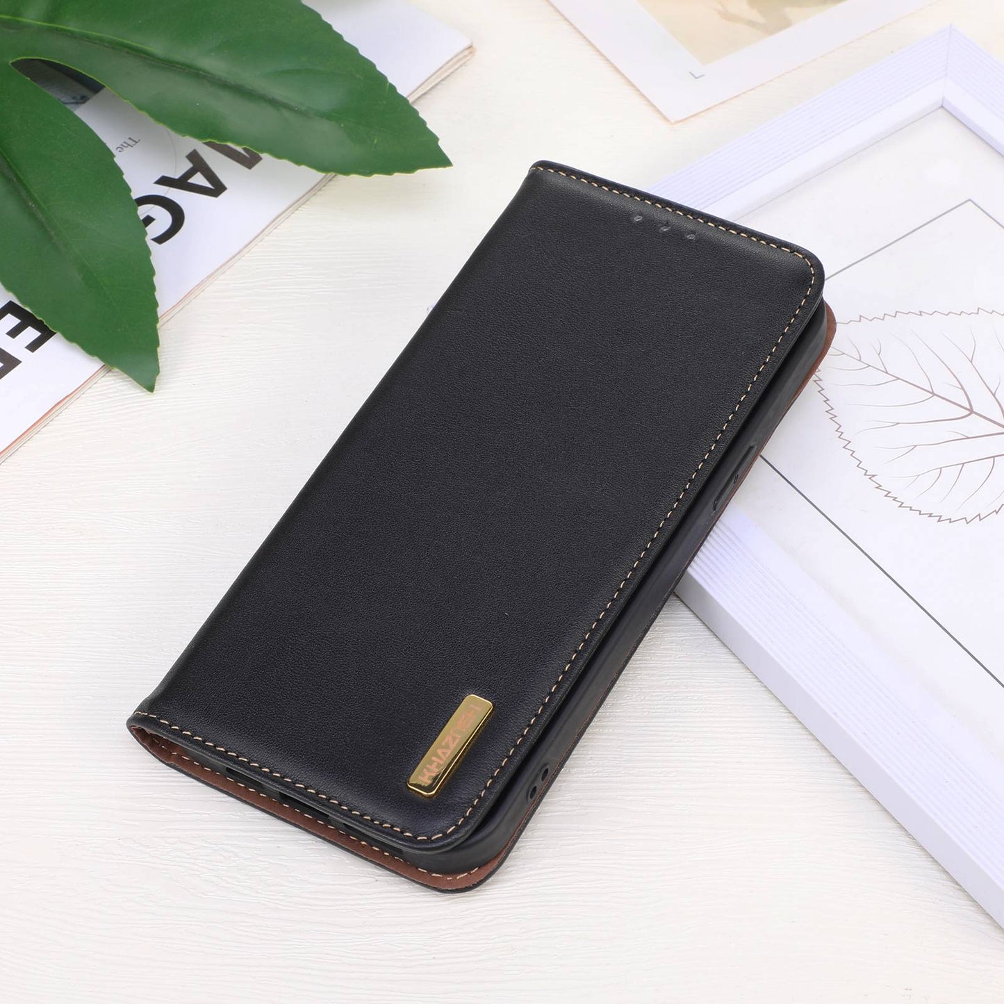 KHAZNEH for iPhone 13 Pro 6.1 inch Magnetic Suction Genuine Cowhide Leather Wallet Case Nappa Texture Flip Folio Stand View Phone Cover