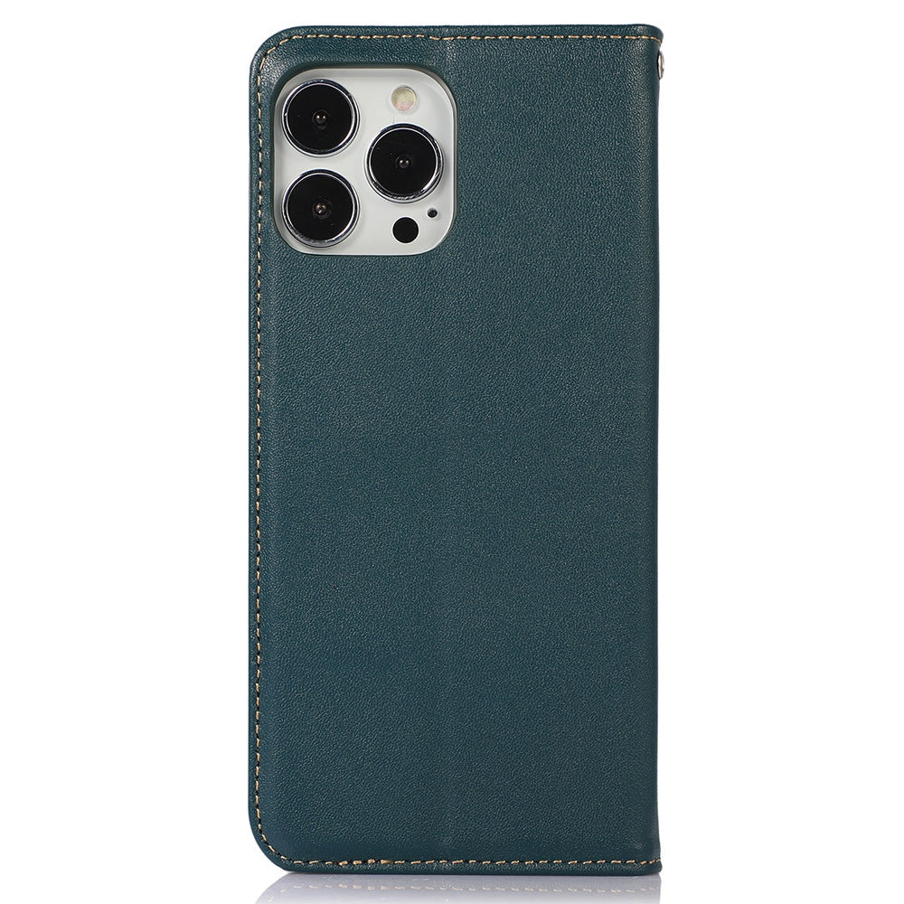 KHAZNEH for iPhone 13 Pro 6.1 inch Magnetic Suction Genuine Cowhide Leather Wallet Case Nappa Texture Flip Folio Stand View Phone Cover