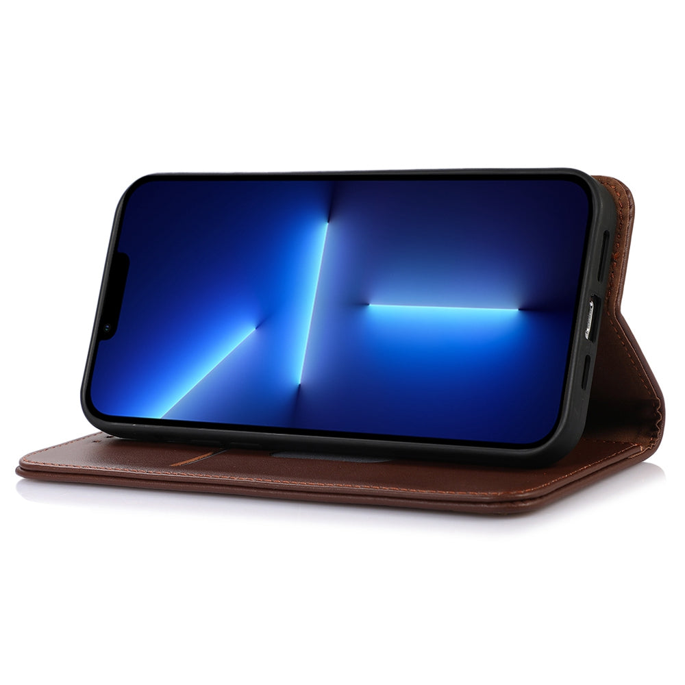 KHAZNEH for iPhone 13 Pro 6.1 inch Magnetic Suction Genuine Cowhide Leather Wallet Case Nappa Texture Flip Folio Stand View Phone Cover