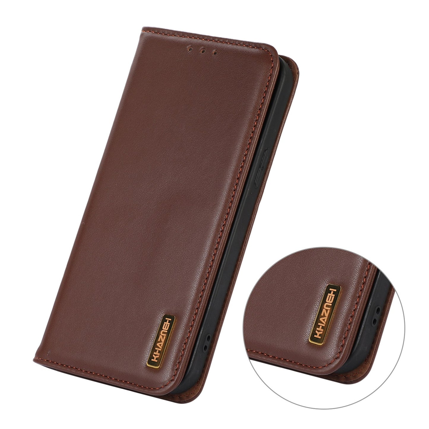 KHAZNEH for iPhone 13 Pro 6.1 inch Magnetic Suction Genuine Cowhide Leather Wallet Case Nappa Texture Flip Folio Stand View Phone Cover