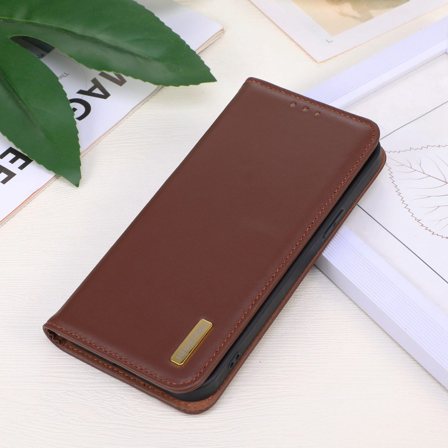 KHAZNEH for iPhone 13 Pro 6.1 inch Magnetic Suction Genuine Cowhide Leather Wallet Case Nappa Texture Flip Folio Stand View Phone Cover