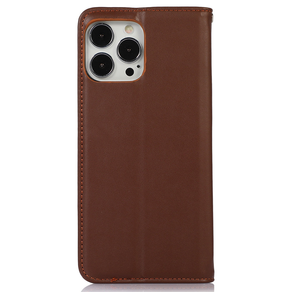 KHAZNEH for iPhone 13 Pro 6.1 inch Magnetic Suction Genuine Cowhide Leather Wallet Case Nappa Texture Flip Folio Stand View Phone Cover