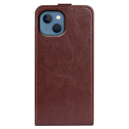 For iPhone 14 Plus 6.7 inch Impact Proof Vertical Flip Case Crazy Horse Texture PU Leather Magnetic Clasp Phone Cover with Card Holder