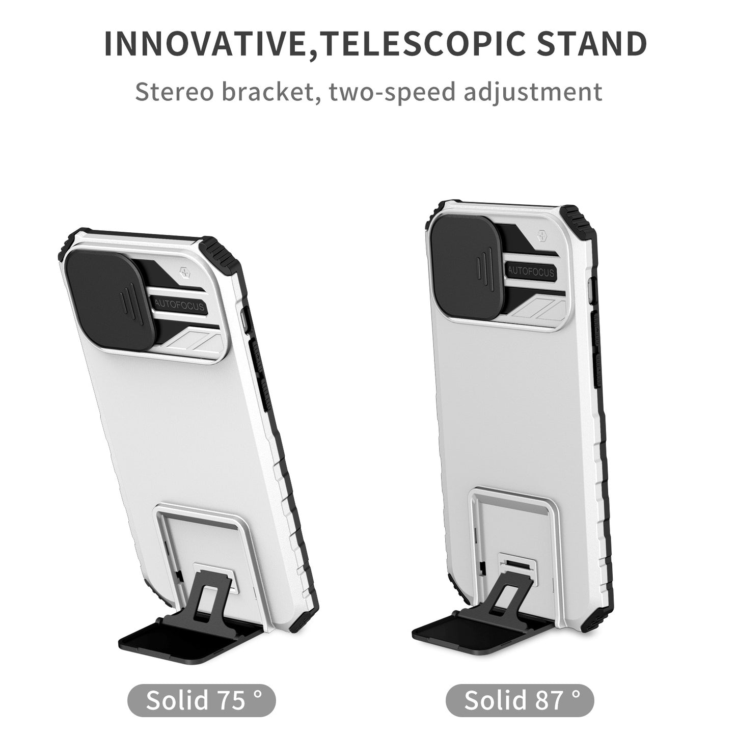 For iPhone 12 6.1 inch Adjustable Vertical Kickstand Phone Case Anti-drop PC + TPU Cover with Camera Slider Protection