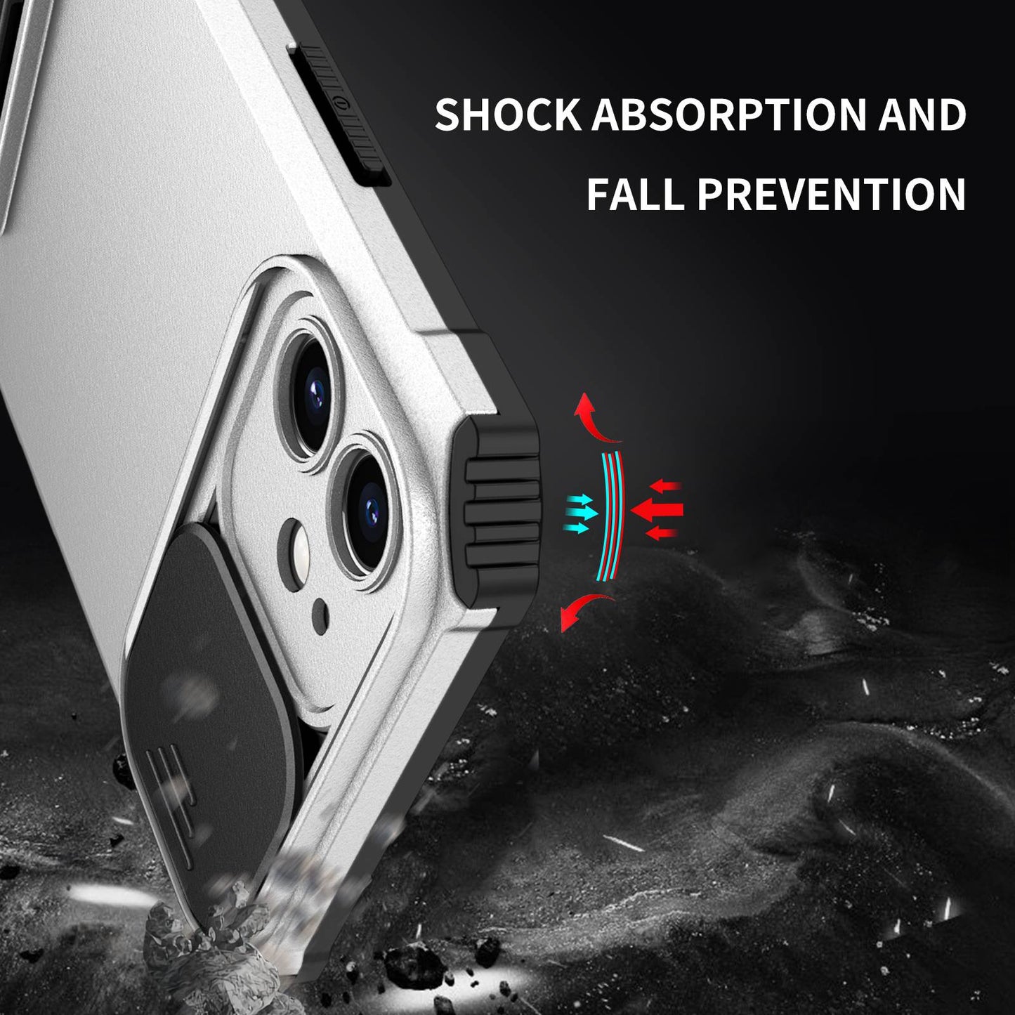 For iPhone 12 6.1 inch Adjustable Vertical Kickstand Phone Case Anti-drop PC + TPU Cover with Camera Slider Protection