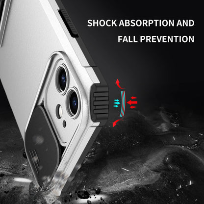 For iPhone 12 6.1 inch Adjustable Vertical Kickstand Phone Case Anti-drop PC + TPU Cover with Camera Slider Protection