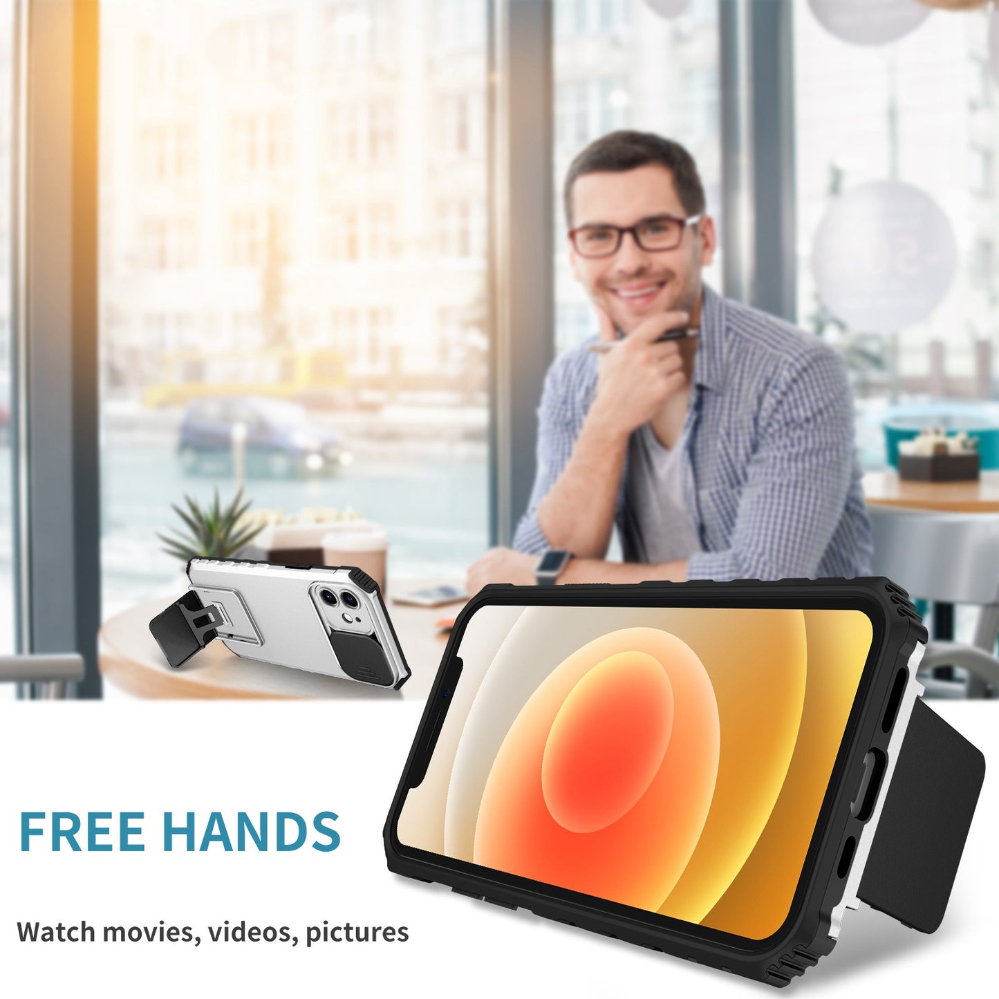 For iPhone 12 6.1 inch Adjustable Vertical Kickstand Phone Case Anti-drop PC + TPU Cover with Camera Slider Protection