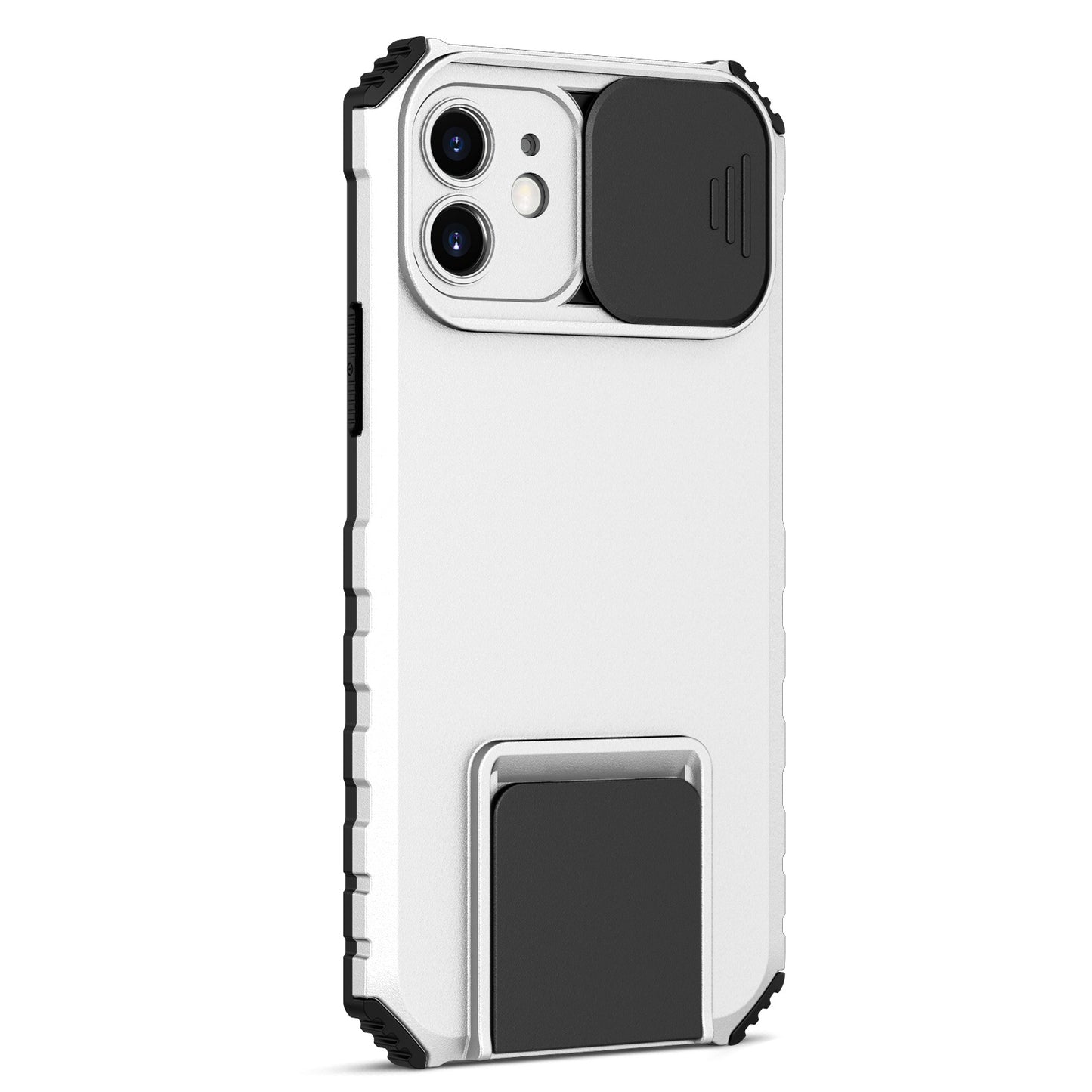 For iPhone 12 6.1 inch Adjustable Vertical Kickstand Phone Case Anti-drop PC + TPU Cover with Camera Slider Protection
