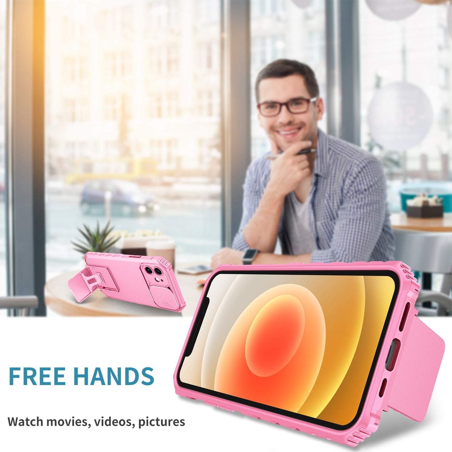 For iPhone 12 6.1 inch Adjustable Vertical Kickstand Phone Case Anti-drop PC + TPU Cover with Camera Slider Protection