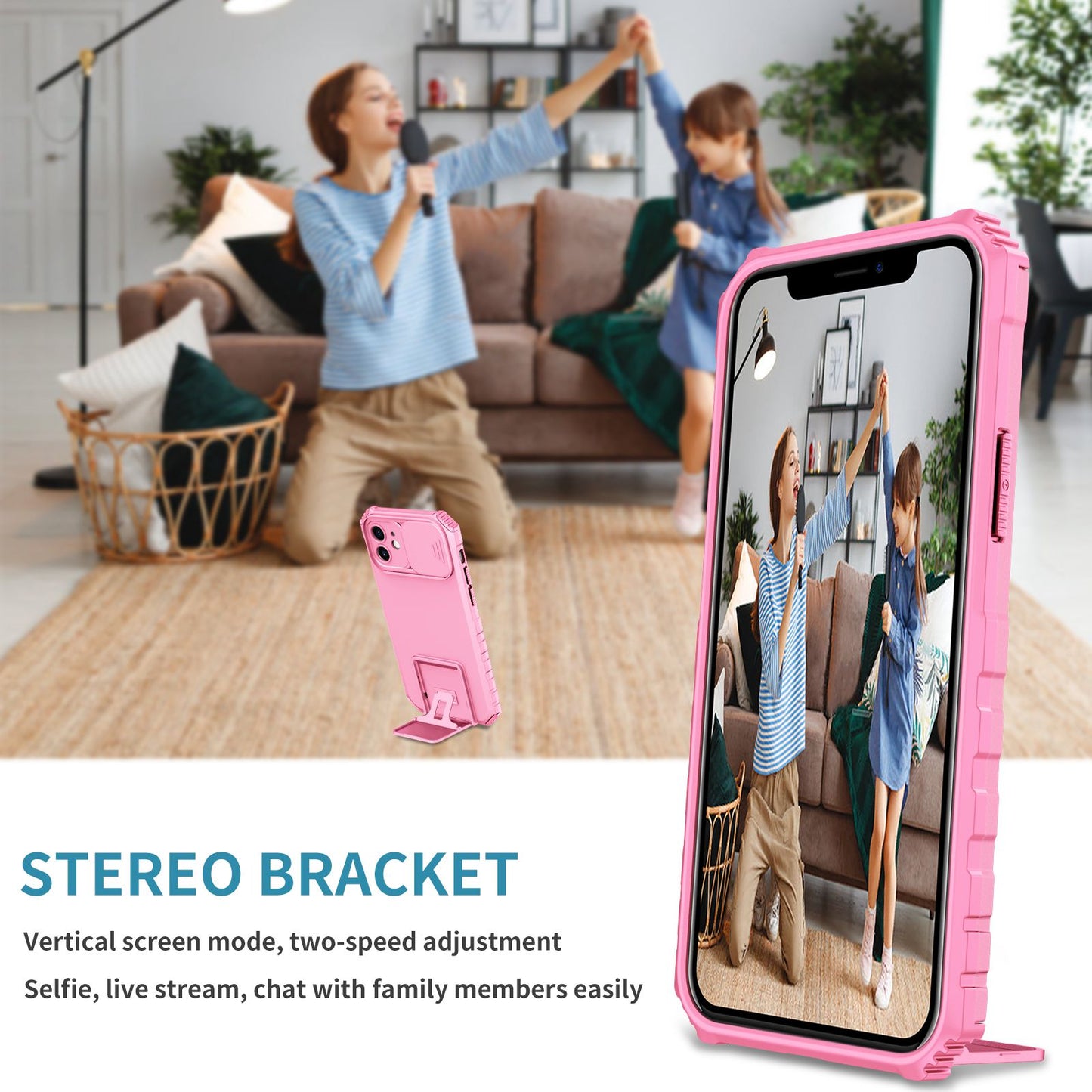 For iPhone 12 6.1 inch Adjustable Vertical Kickstand Phone Case Anti-drop PC + TPU Cover with Camera Slider Protection