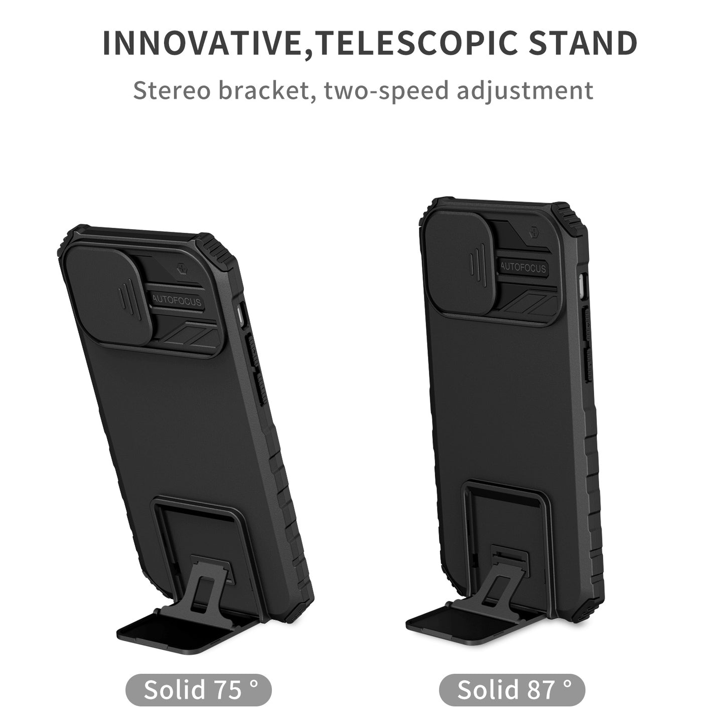 For iPhone 12 6.1 inch Adjustable Vertical Kickstand Phone Case Anti-drop PC + TPU Cover with Camera Slider Protection