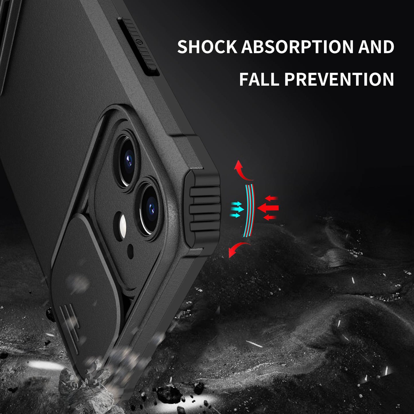 For iPhone 12 6.1 inch Adjustable Vertical Kickstand Phone Case Anti-drop PC + TPU Cover with Camera Slider Protection