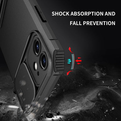 For iPhone 12 6.1 inch Adjustable Vertical Kickstand Phone Case Anti-drop PC + TPU Cover with Camera Slider Protection