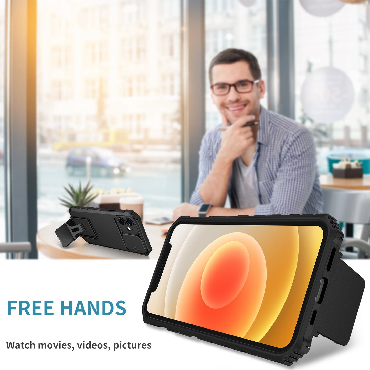 For iPhone 12 6.1 inch Adjustable Vertical Kickstand Phone Case Anti-drop PC + TPU Cover with Camera Slider Protection