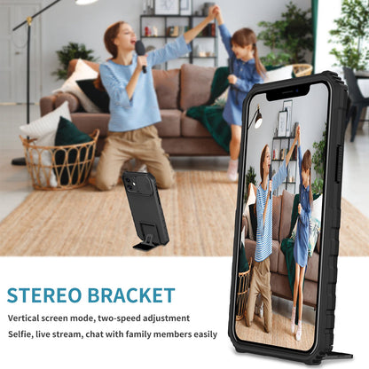 For iPhone 12 6.1 inch Adjustable Vertical Kickstand Phone Case Anti-drop PC + TPU Cover with Camera Slider Protection