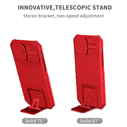 For iPhone 12 6.1 inch Adjustable Vertical Kickstand Phone Case Anti-drop PC + TPU Cover with Camera Slider Protection