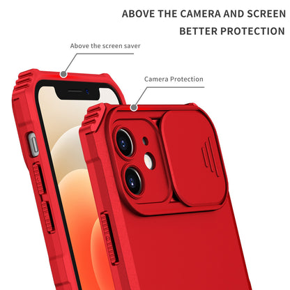 For iPhone 12 6.1 inch Adjustable Vertical Kickstand Phone Case Anti-drop PC + TPU Cover with Camera Slider Protection