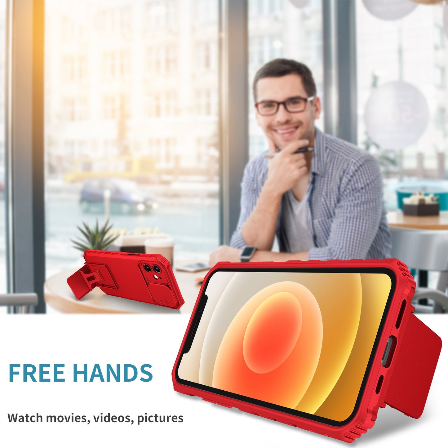 For iPhone 12 6.1 inch Adjustable Vertical Kickstand Phone Case Anti-drop PC + TPU Cover with Camera Slider Protection